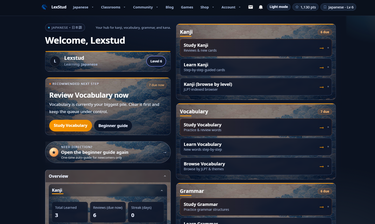 LexStud language learning dashboard with grammar, vocabulary, reviews, classroom activity, and progress